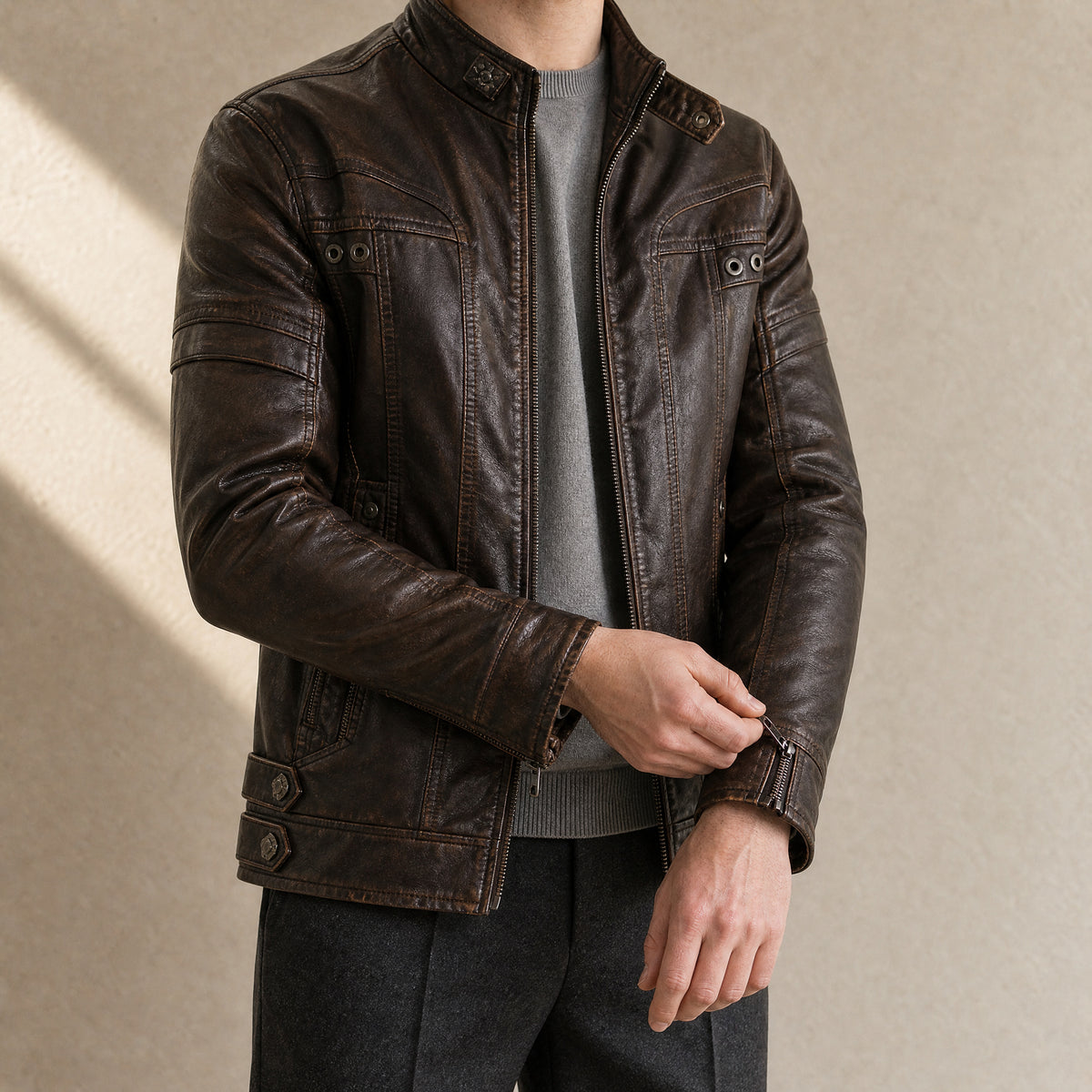 Hail Faux-Leather Stand-Collar Jacket in Coffee