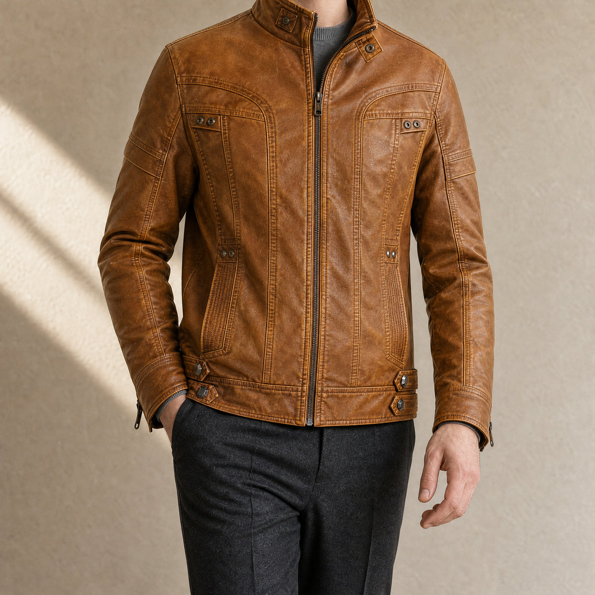 Hail Faux-Leather Stand-Collar Jacket in Earth Yellow