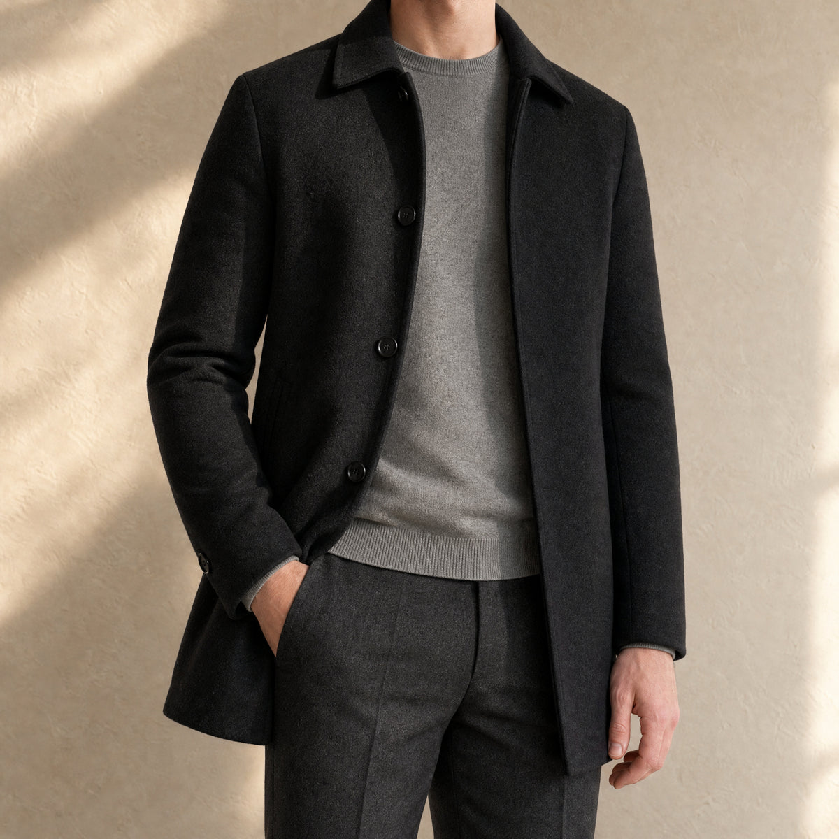 Halo Wool-Blend Overcoat in Black
