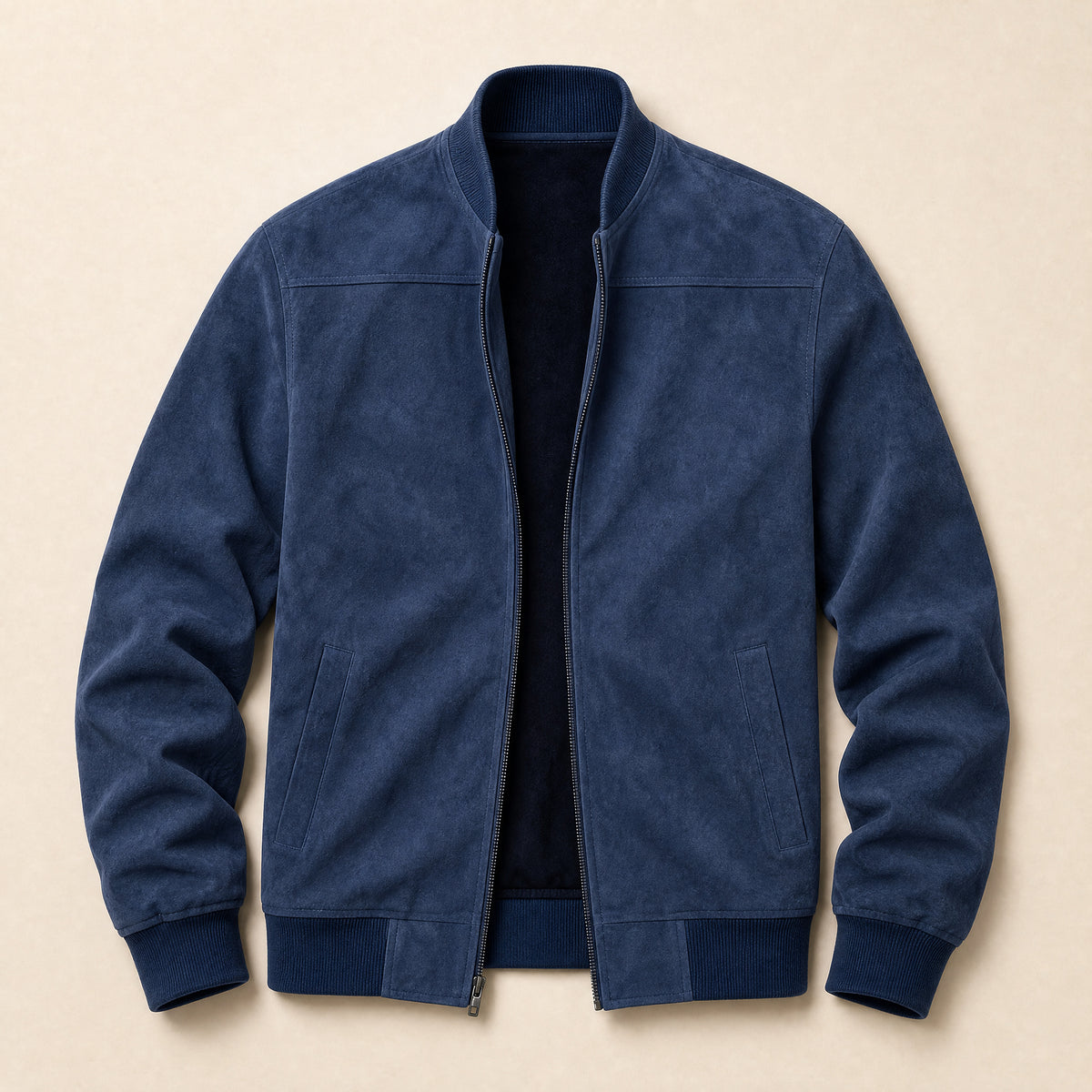 Heath Suede-Look Bomber Jacket in Navy Blue