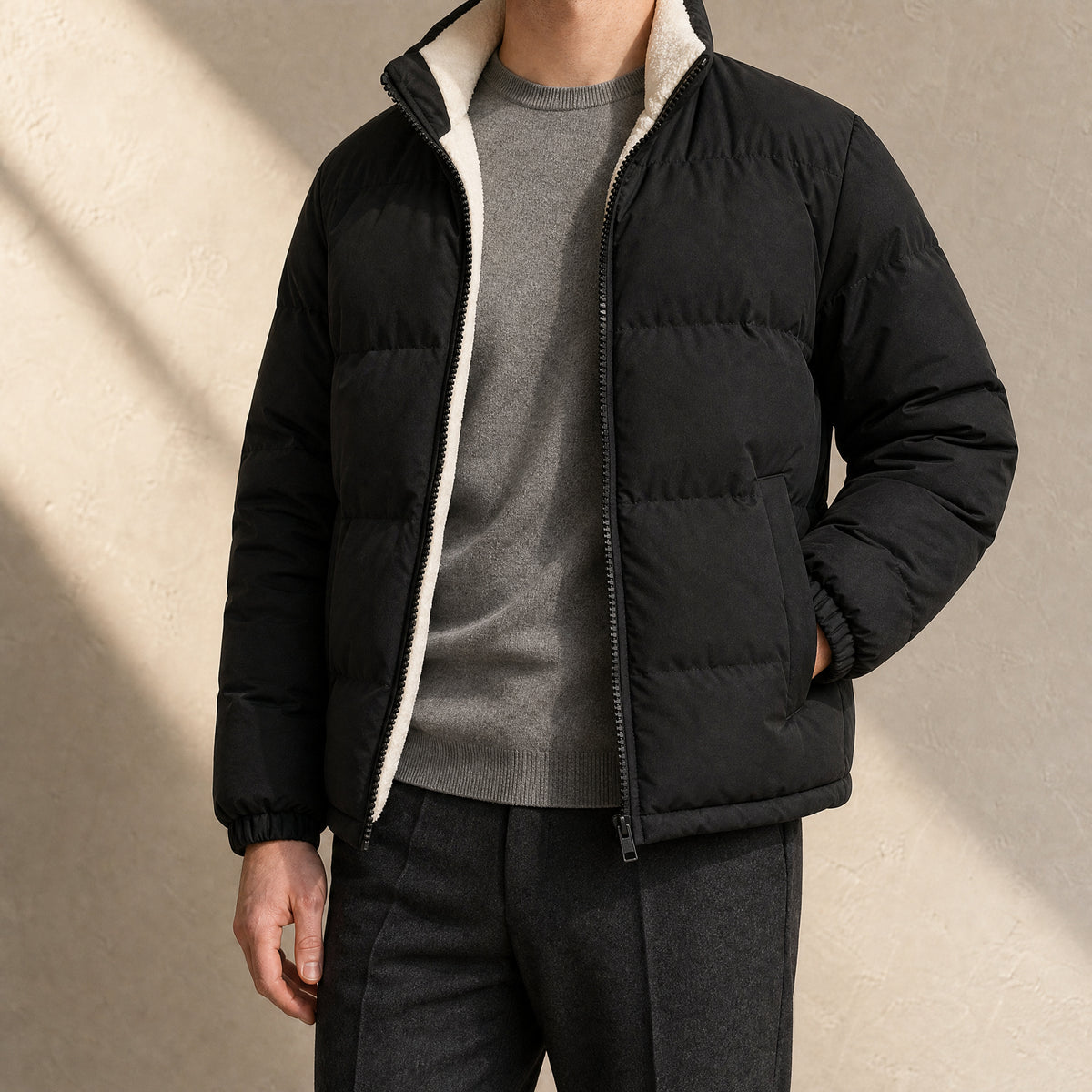 Heather Boxy Puffer Jacket in Black