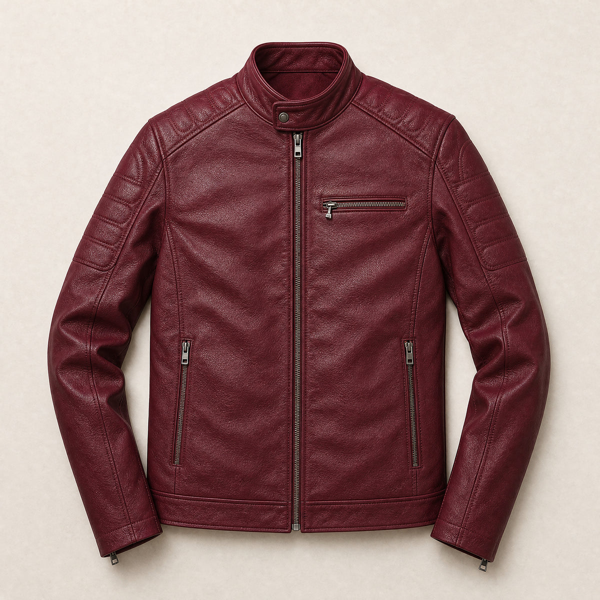 Hedgerow Stand-Collar Moto Jacket in Wine Red