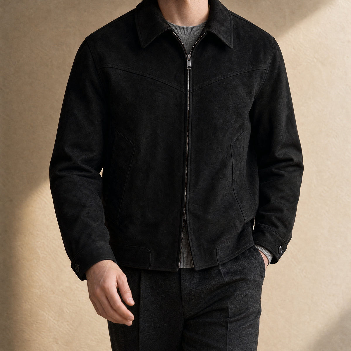 Highland Suede Bomber Jacket in Black