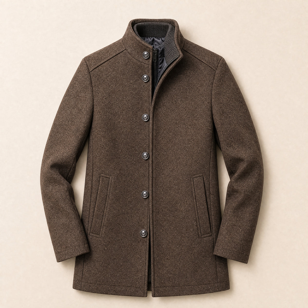 Hoar Layered Stand-Collar Coat in Camel