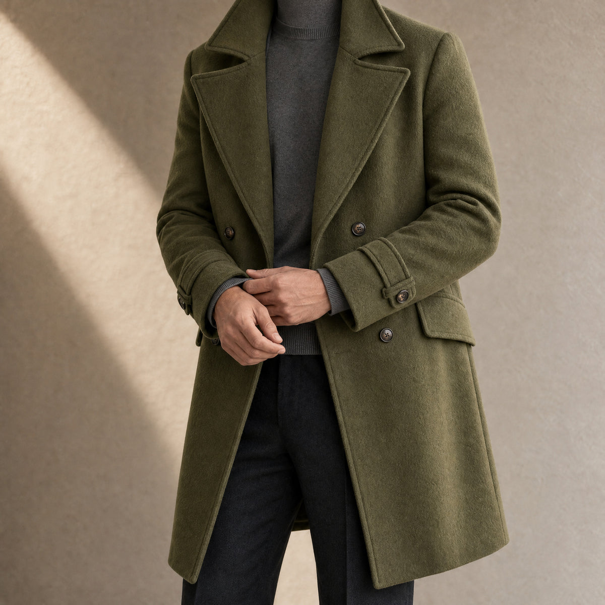 Husk Double-Breasted Overcoat in Army Green