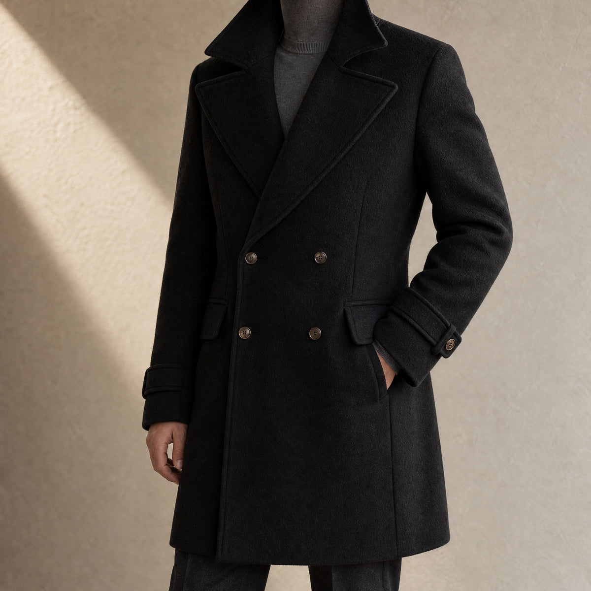 Husk Double-Breasted Overcoat in Black