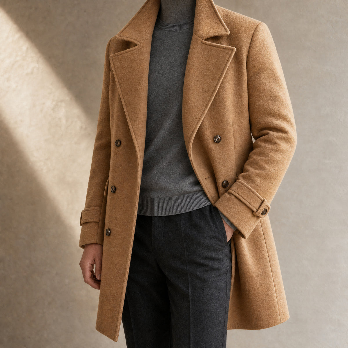 Husk Double-Breasted Overcoat in Camel