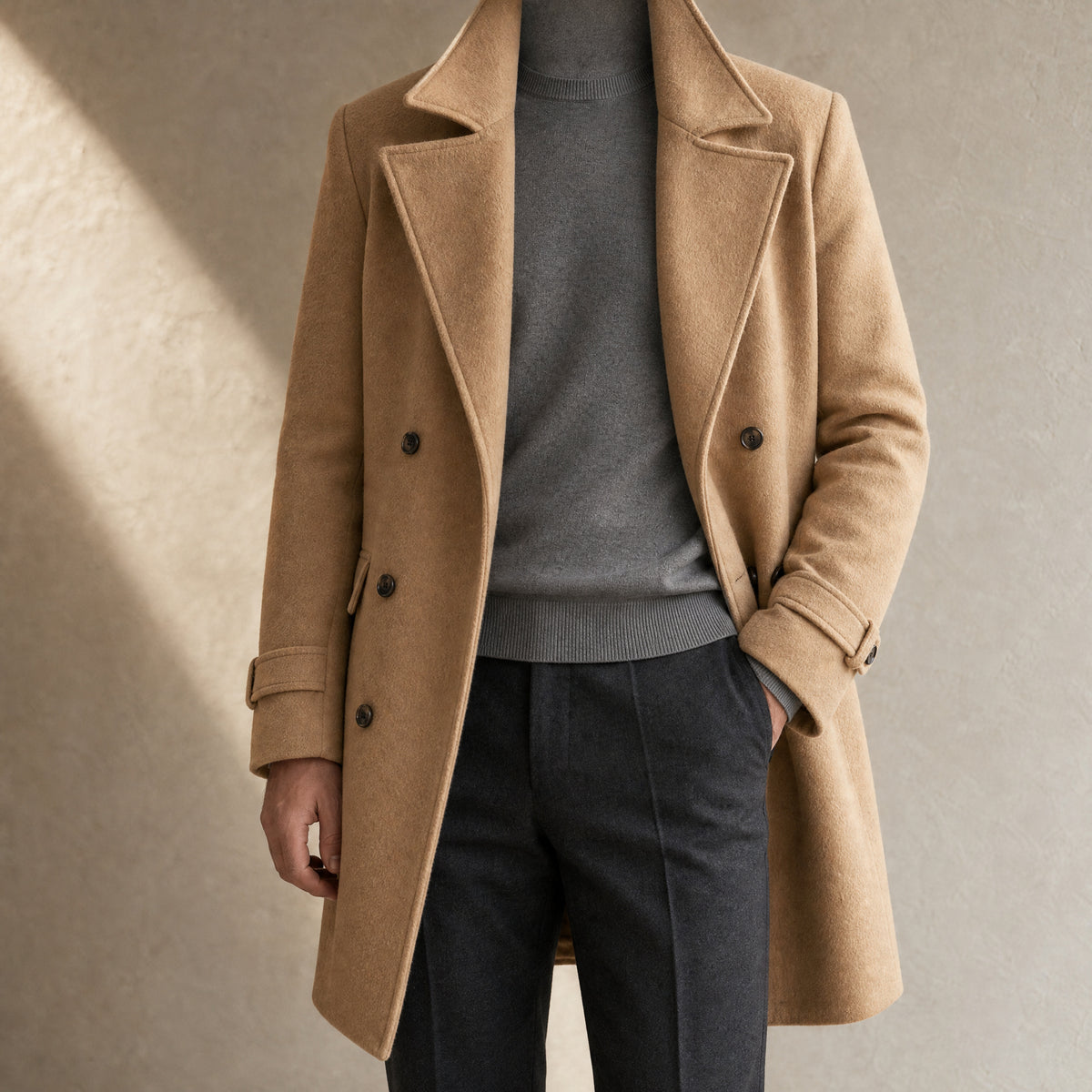 Husk Double-Breasted Overcoat in Khaki