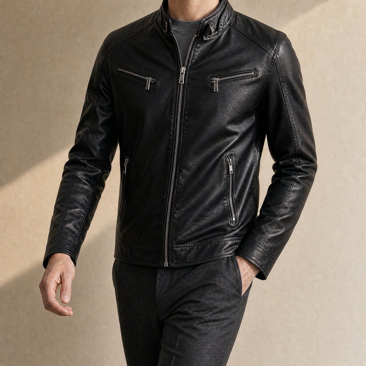 Jetty Leather Moto Jacket in Black