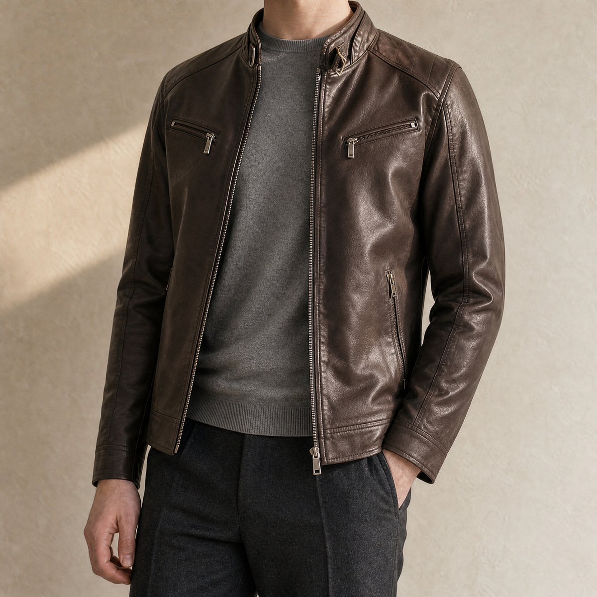 Jetty Leather Moto Jacket in Coffee