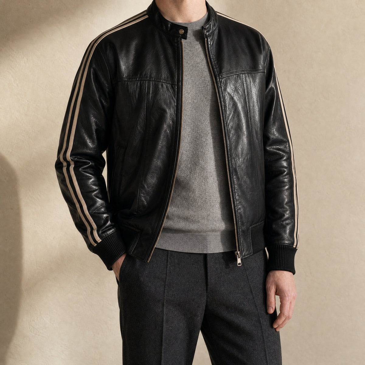 Lantern Leather Bomber Jacket in Black