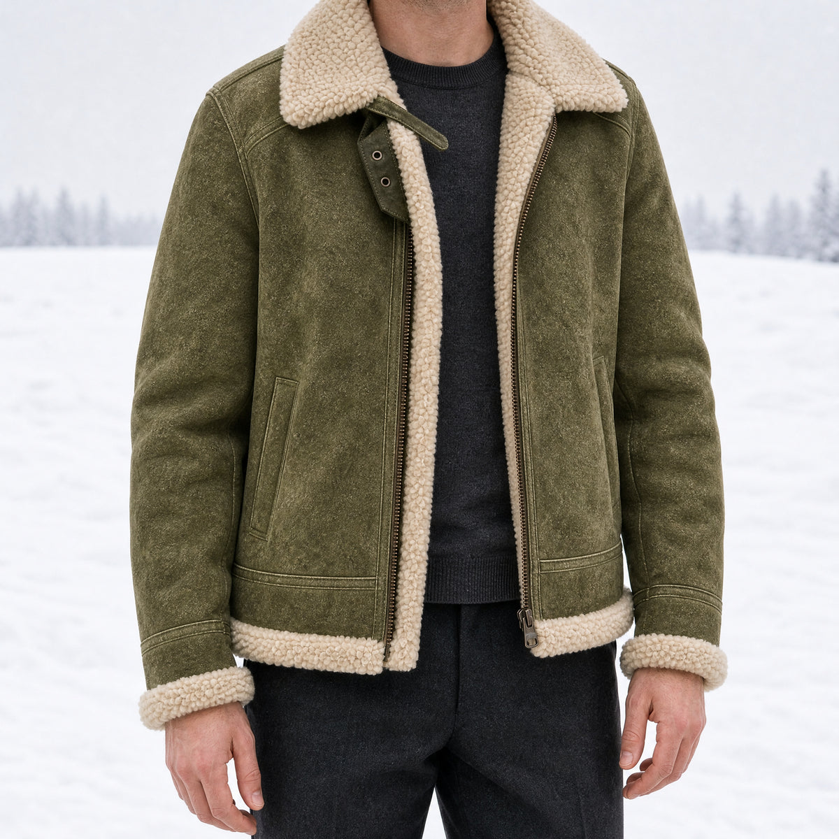 Larchwood Suede Shearling Jacket in Olive Green