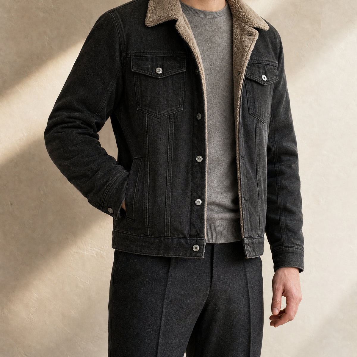 Lichen Sherpa-Collar Denim Jacket in Black