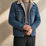 Lichen Sherpa-Collar Denim Jacket in Dark Blue
