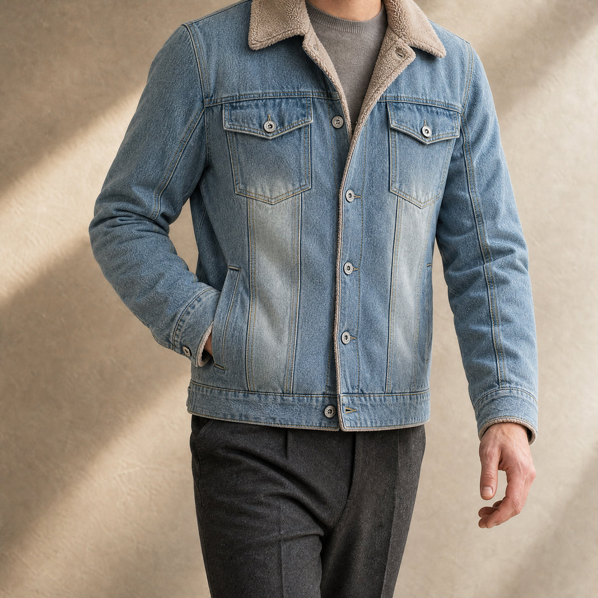 Lichen Sherpa-Collar Denim Jacket in Light Blue