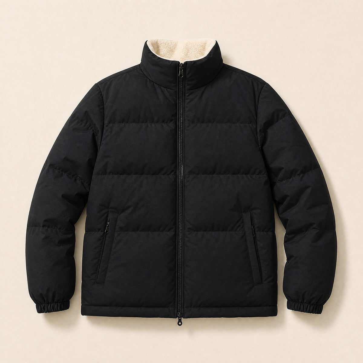 Lowland Reversible Fleece-Lined Puffer Jacket in Black