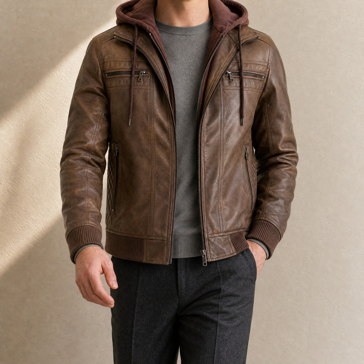 Mizzle Leather Moto Jacket in Brown