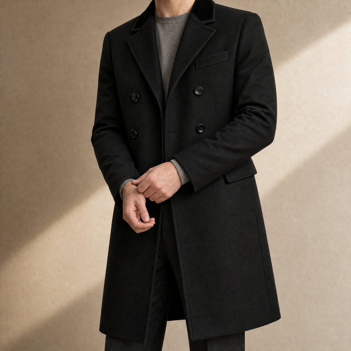 Montane Double-Breasted Overcoat in Black