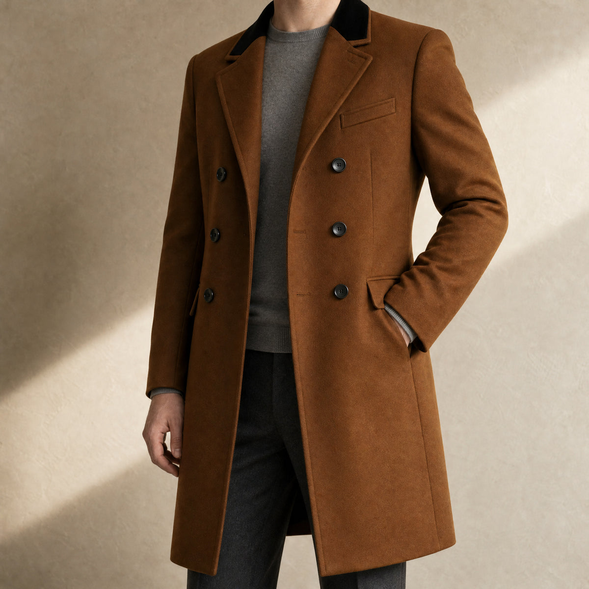 Montane Double-Breasted Overcoat in Camel