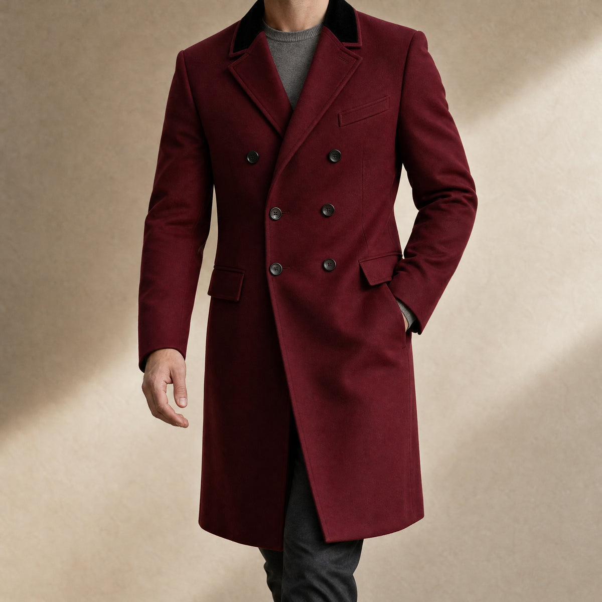 Montane Double-Breasted Overcoat in Wine Red