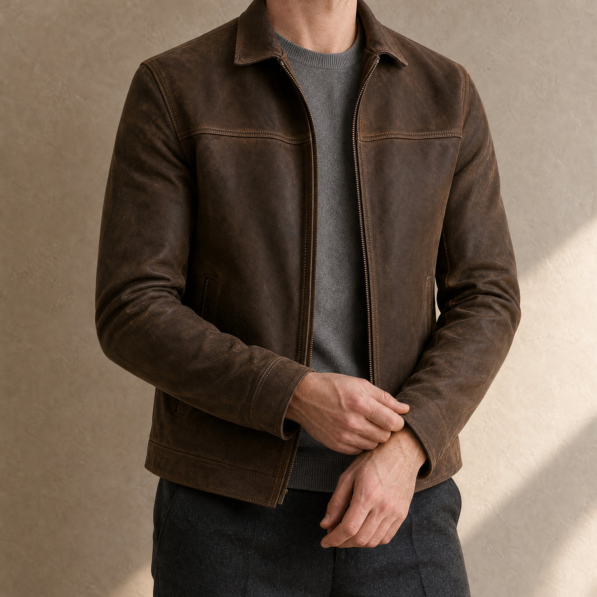 Moonset Leather Casual Jacket in Brown