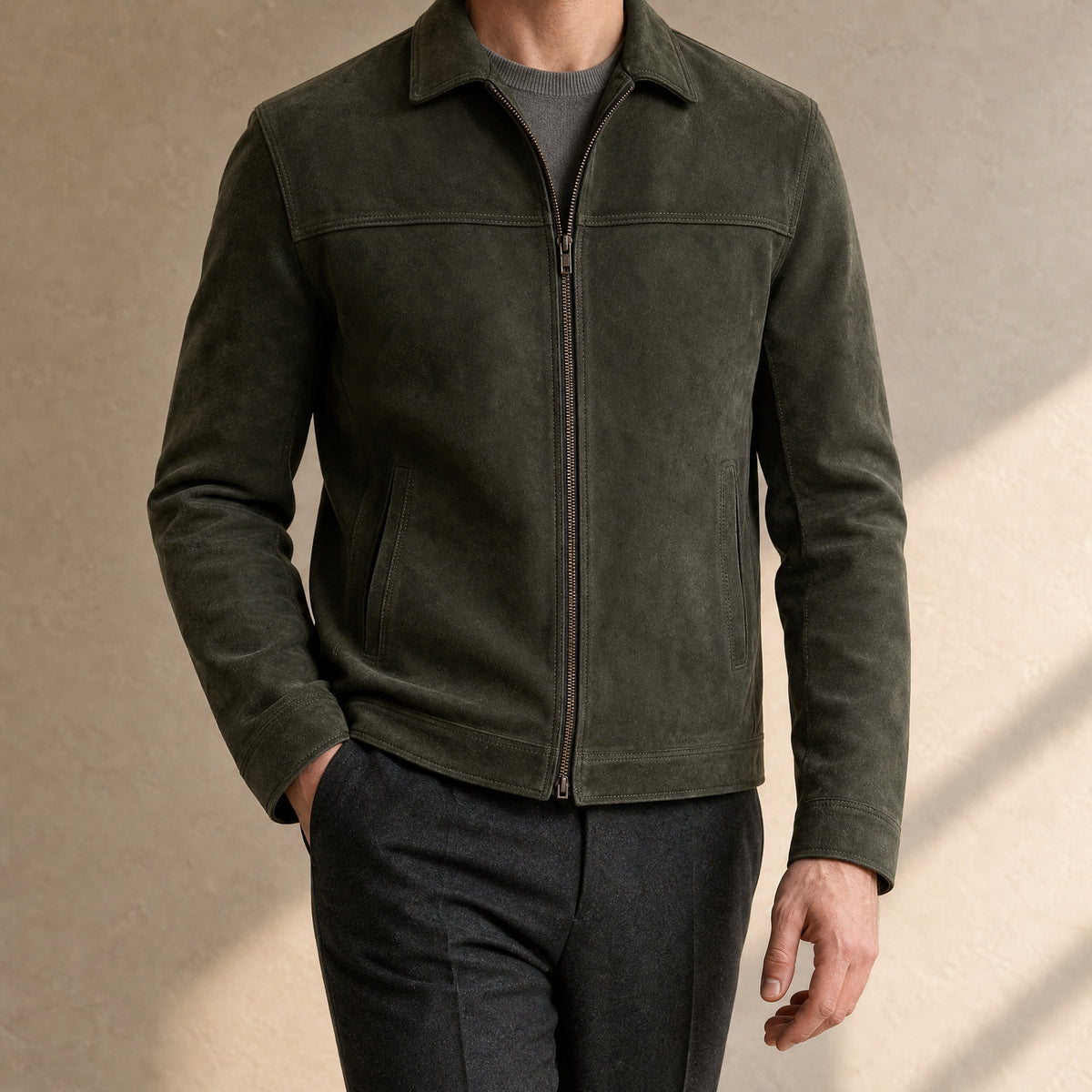 Moonset Leather Casual Jacket in Olive