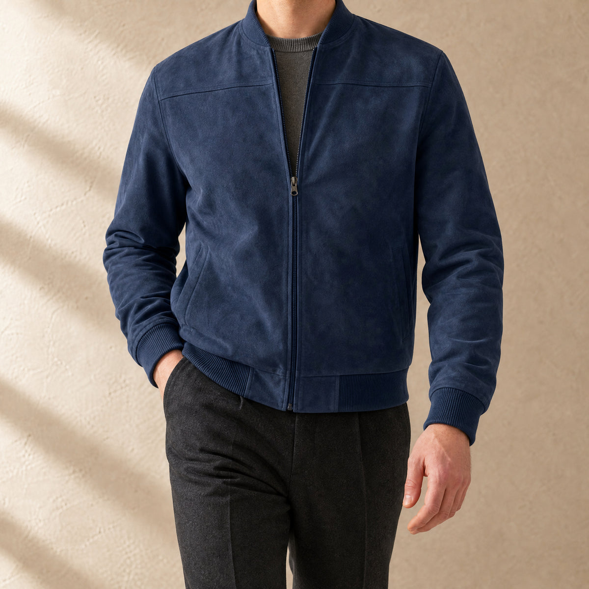 Moss Suede-Look Bomber Jacket in Navy Blue