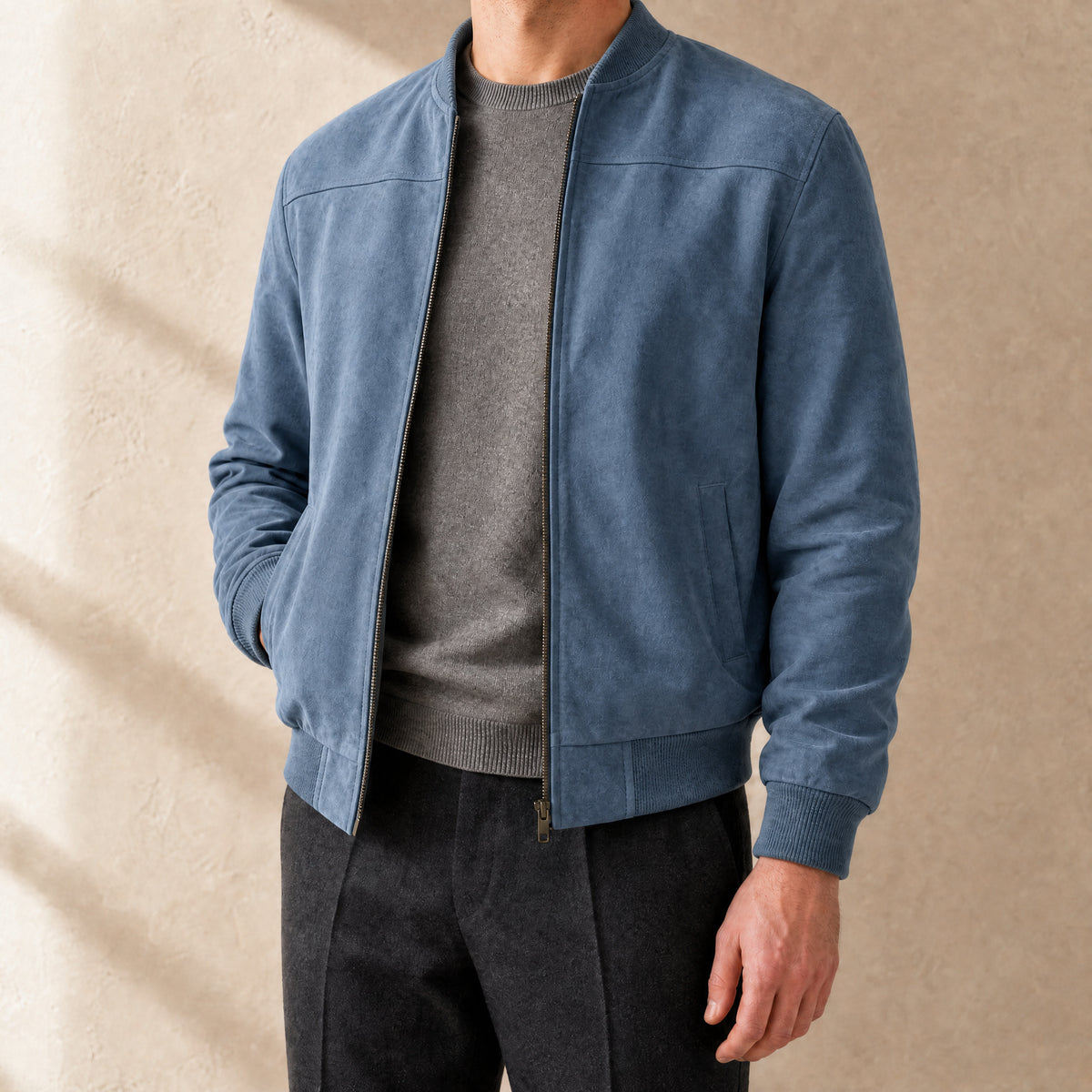 Moss Suede-Look Bomber Jacket in Peacock Blue