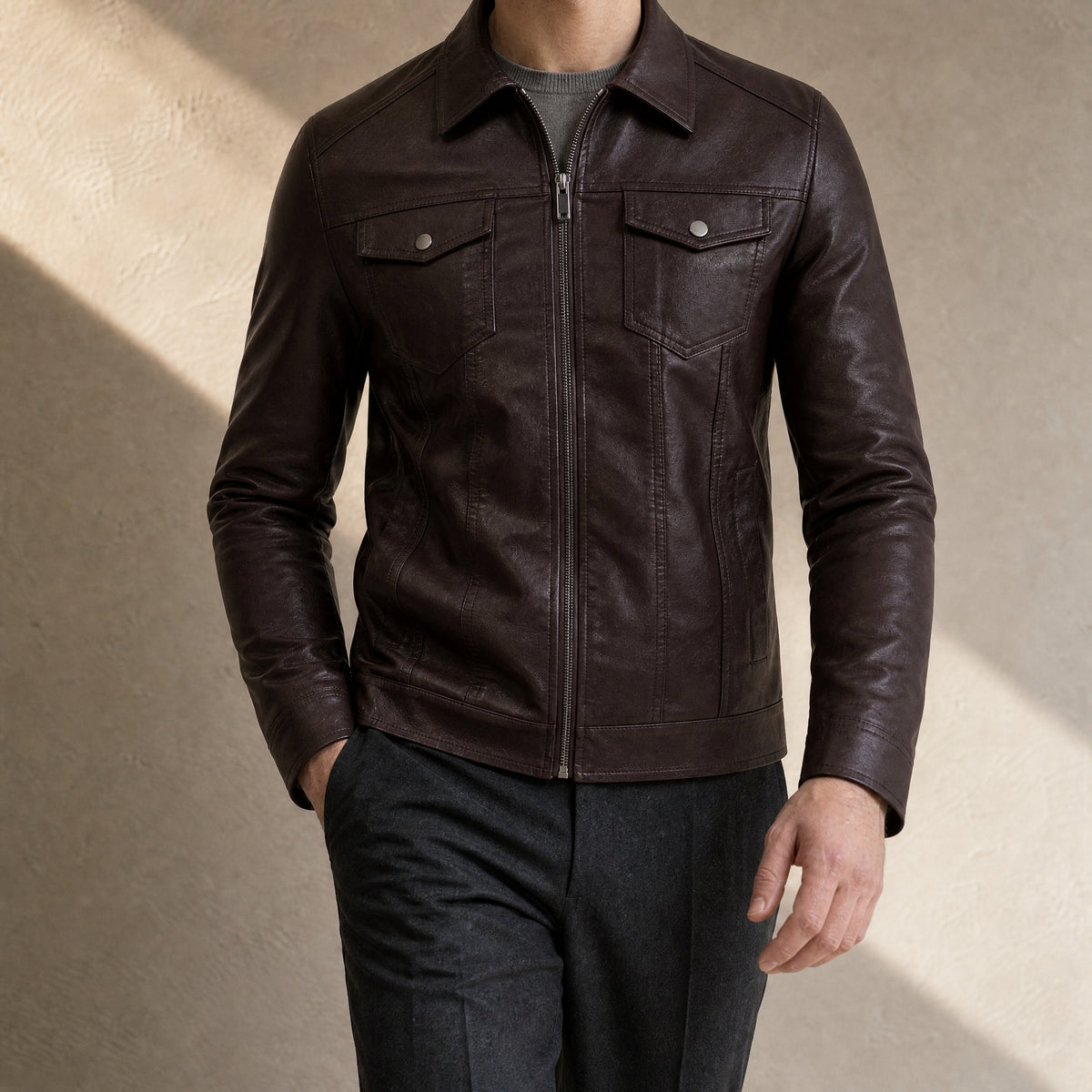 Neve Leather Moto Jacket in Coffee