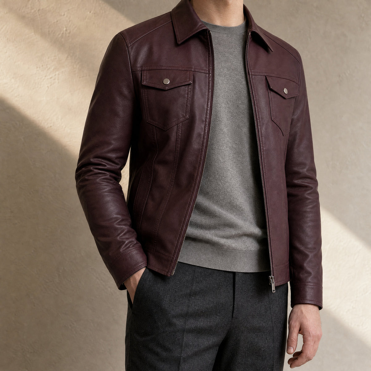 Neve Leather Moto Jacket in Dark Red