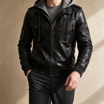 Notch Leather Hooded Bomber Jacket in Black