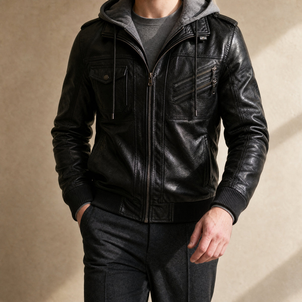 Notch Leather Hooded Bomber Jacket in Black