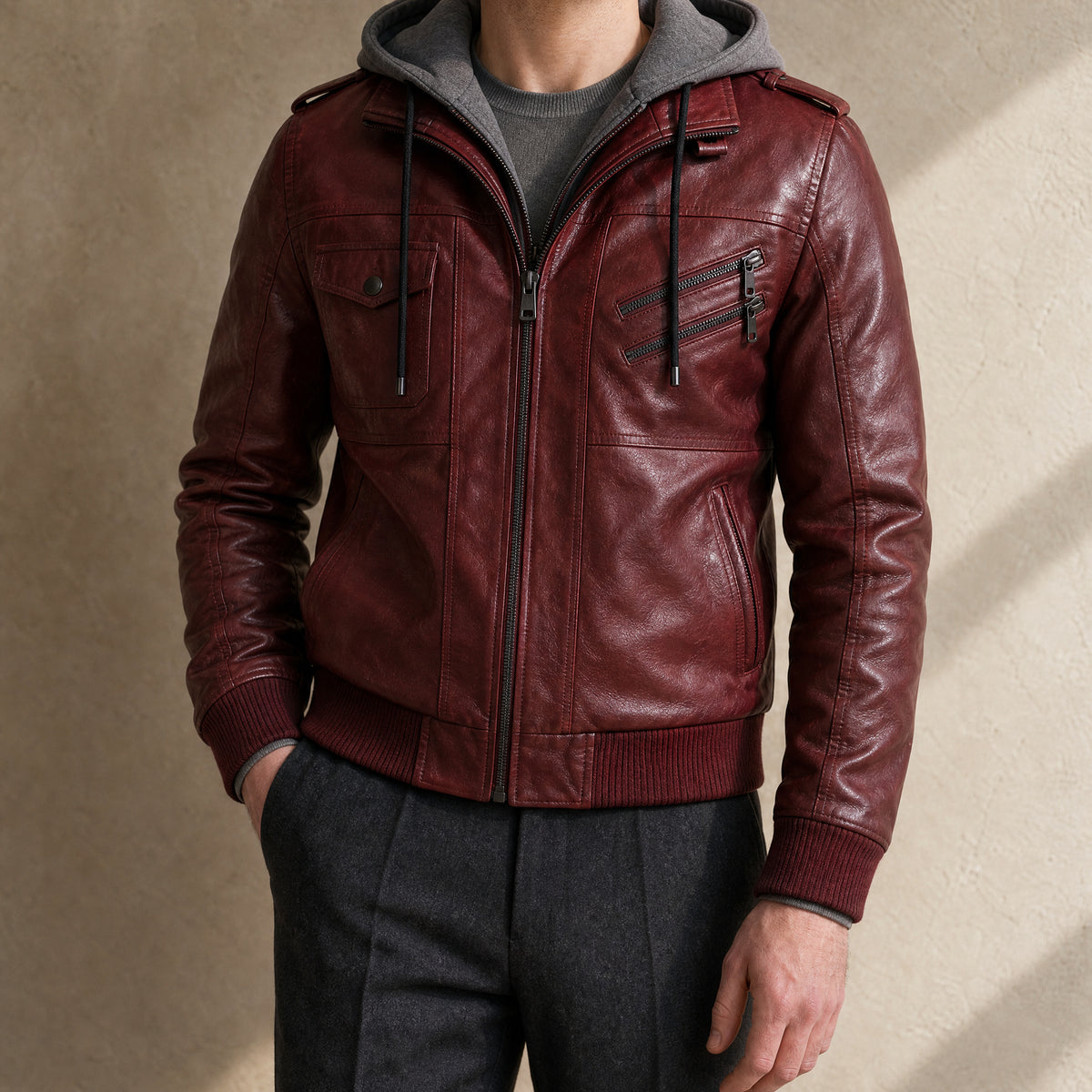 Notch Leather Hooded Bomber Jacket in Burgundy