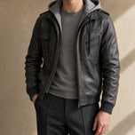 Notch Leather Hooded Bomber Jacket in Dark Gray