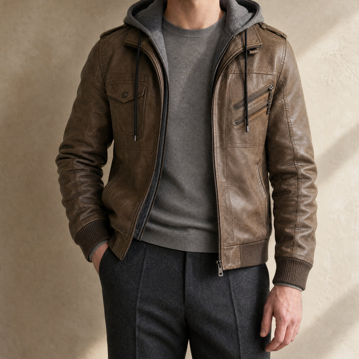 Notch Leather Hooded Bomber Jacket in Khaki