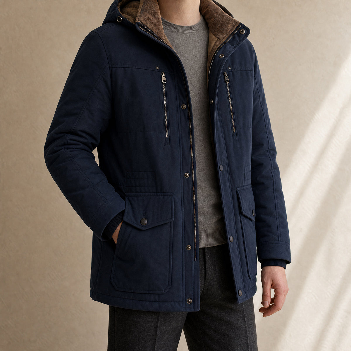 Oak Fleece-Lined Hooded Parka in Dark Blue