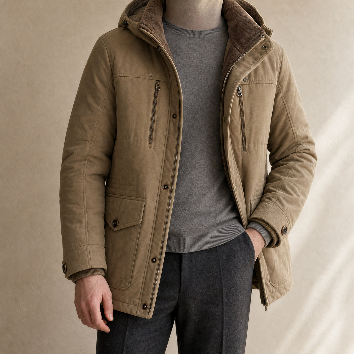 Oak Fleece-Lined Hooded Parka in Khaki