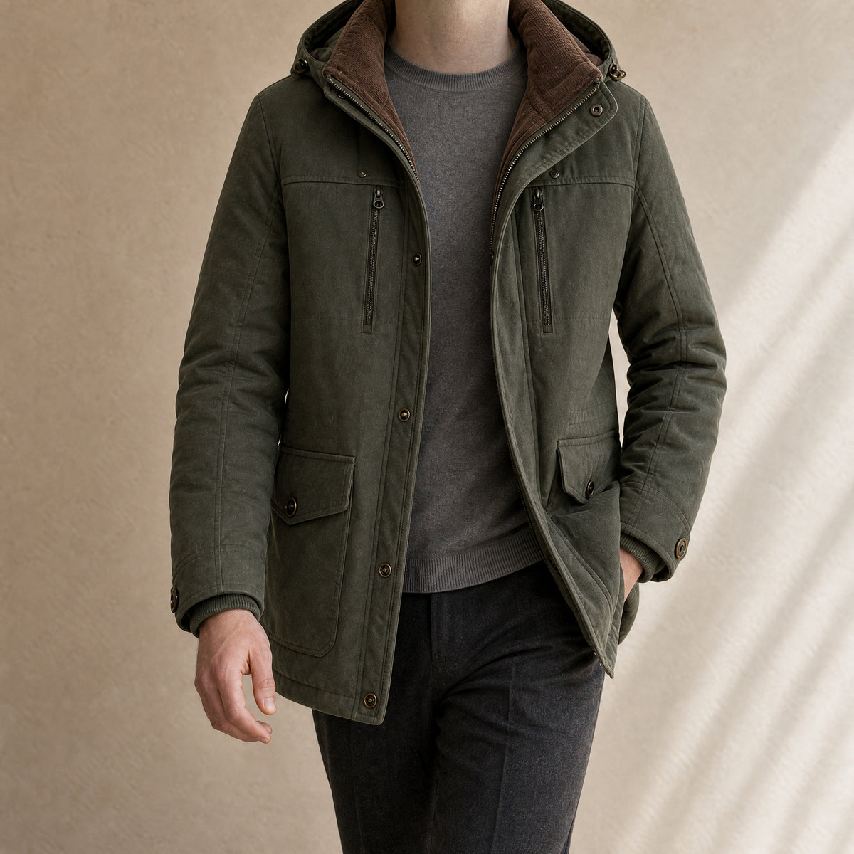 Oak Fleece-Lined Hooded Parka in Military Green