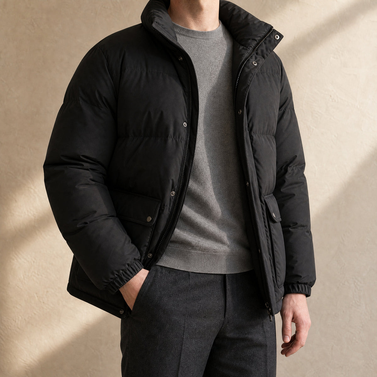 Oxbow Stand-Collar Puffer Jacket in Black