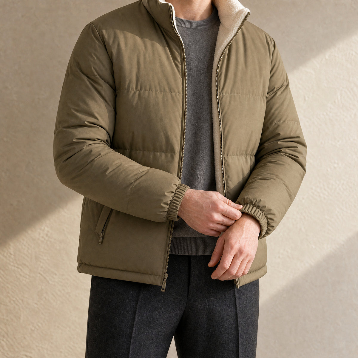 Pasture Reversible Fleece-Lined Puffer Jacket in Army Green