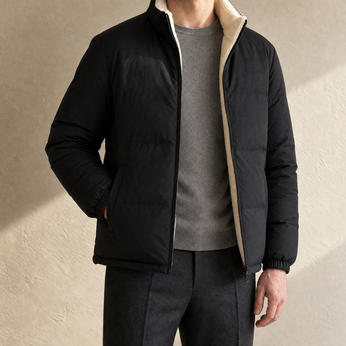 Pasture Reversible Fleece-Lined Puffer Jacket in Black