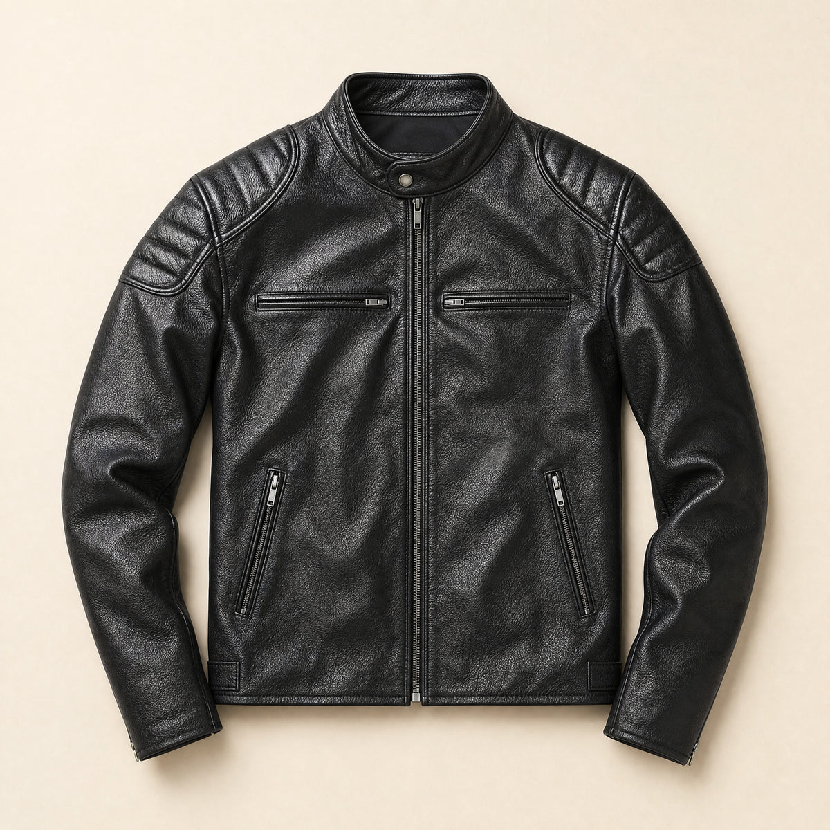 Peak Vintage Leather Biker Jacket in Black