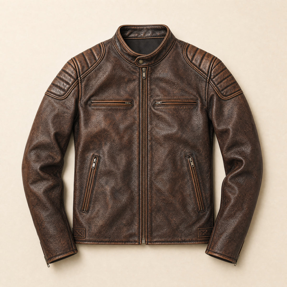 Peak Vintage Leather Biker Jacket in Brown