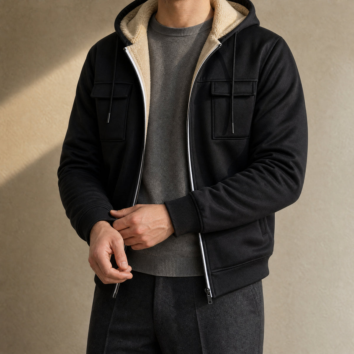 Peat Hooded Soft-Shell Jacket in Black