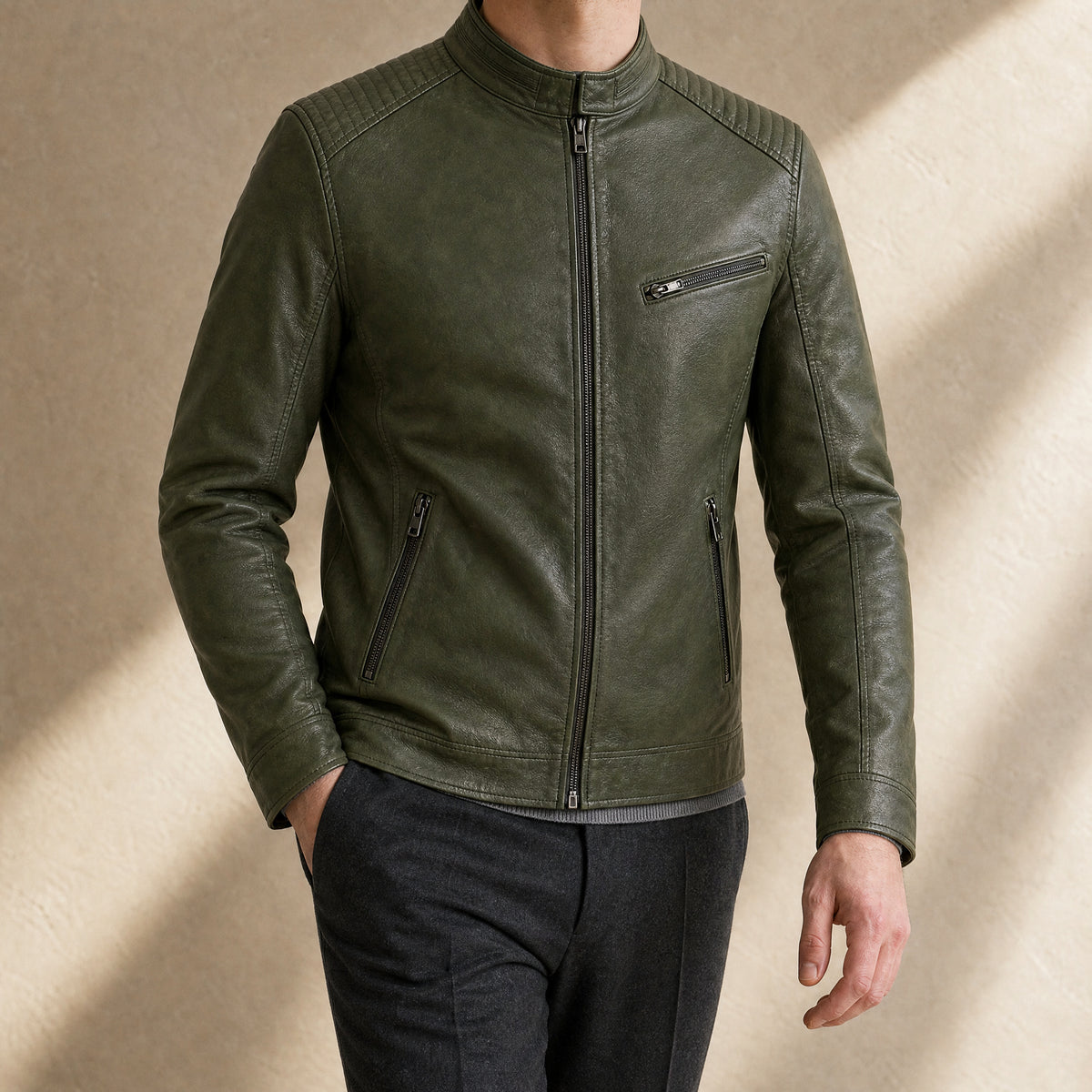 Pike Leather Zip Jacket in Army Green