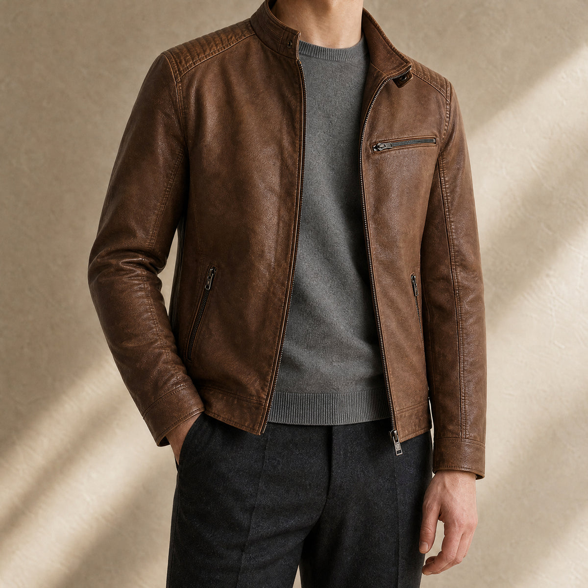 Pike Leather Zip Jacket in Brown