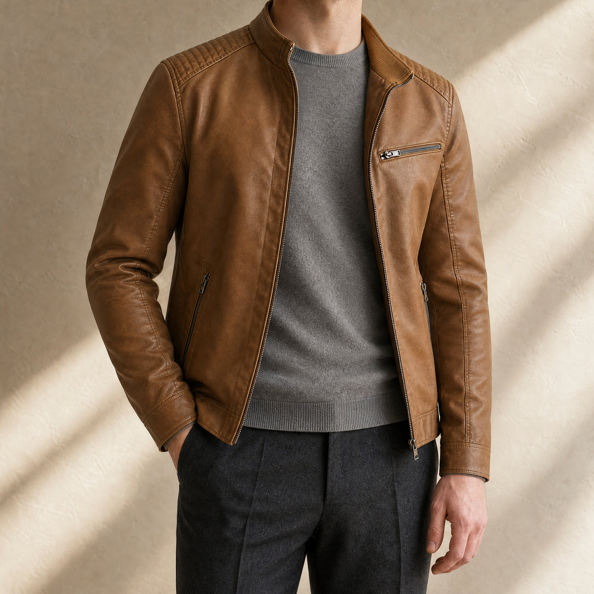Pike Leather Zip Jacket in Khaki