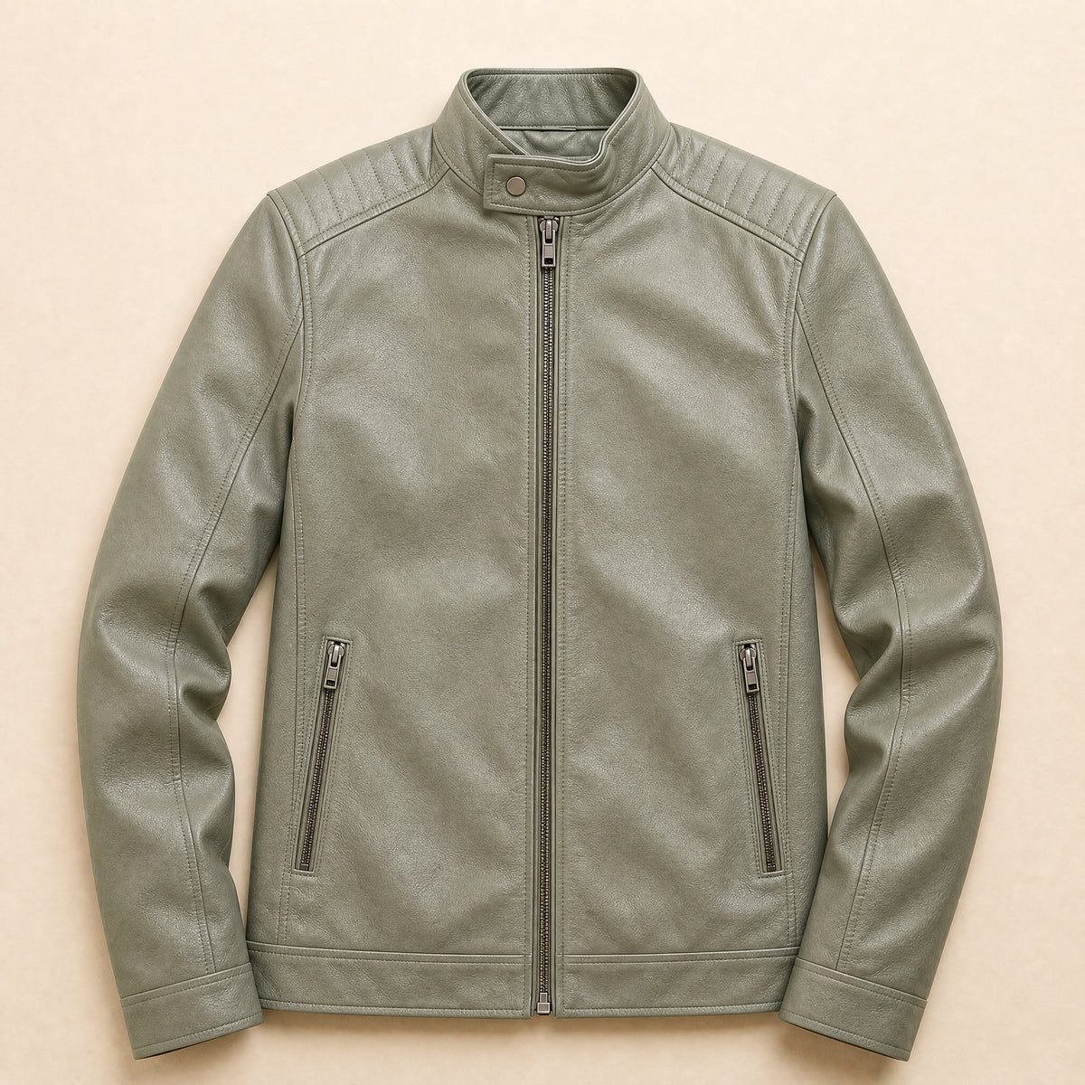 Prairie Leather Racer Jacket in Pea Green