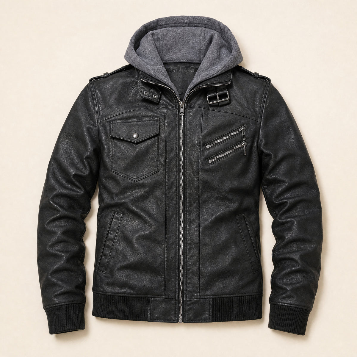 Quarry Hooded Faux-Leather Moto Jacket in Black