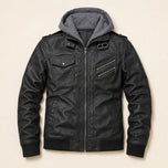 Quarry Hooded Faux-Leather Moto Jacket in Black